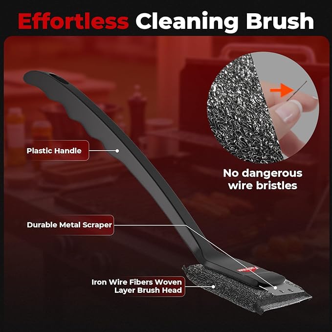 2PCS Bristle Free Grill Brush for Outdoor Grill, with Water Dunk Basin（Black, Steel Fiber Grill Brush for Cast Iron/Porcelain/Charcoal/Stainless Steel Grates