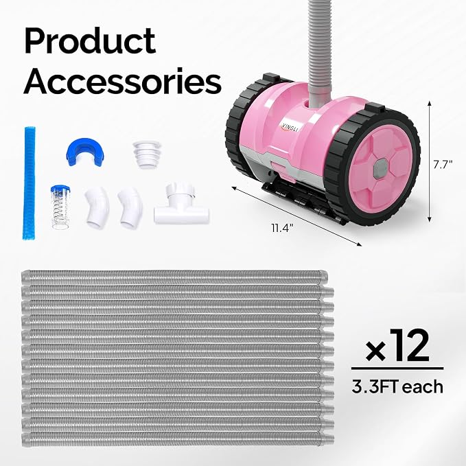 VINGLI Pool Vacuum Cleaner, Automatic Pool Sweeper for Ground&Inground Pools, Suction Side Wall-Climbing Sweeper with 39.6ft Tangle-Free Hose (Comfort Pink&Gray)