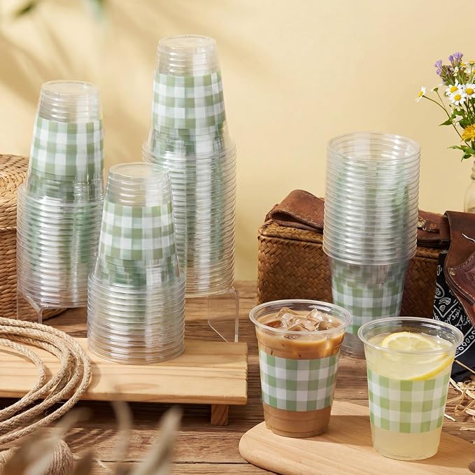 100 Pcs Sage Green Gingham Plastic Cups 12 oz Green Checkered Plaid Disposable Plastic Drinking Cups Bulk for Baby Shower Wedding Birthday Christmas Party Decoration Supplies