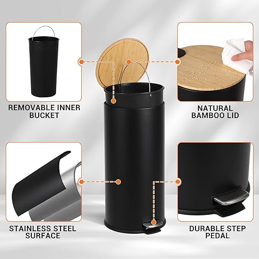 30 Liter/8 Gallon Step Trash Can with Bamboo Lid, Round Slim Stainless Steel Garbage Can with Removal Inner Liner, Soft Close for Kitchen, Office, Living Room, Bathroom, Black