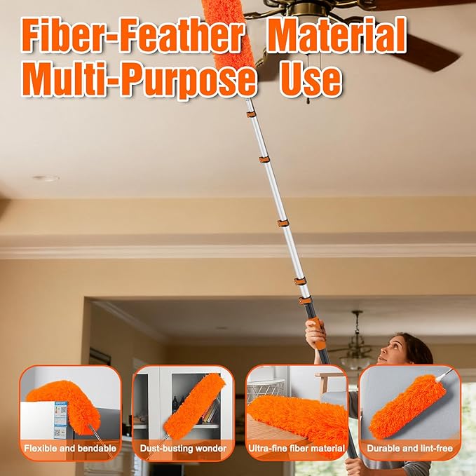 30FT Reach Duster Kit, Window Cleaning with 5-24FT Telescoping Extension Pole, High Ceiling Duster, Microfiber Feather Duster, Cobweb Duster, Window Squeegee, Feather Duster, Extendable Pole Kit