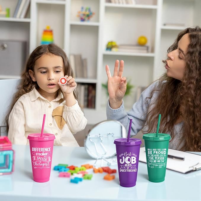 Meanplan 24 Pcs Speech Language Pathologist Gifts Bulk 24 oz Plastic Tumbler with Lids and Straws Slp Thank You Cups Back to School Gifts for Teacher First Day of School Slp Office Supplies