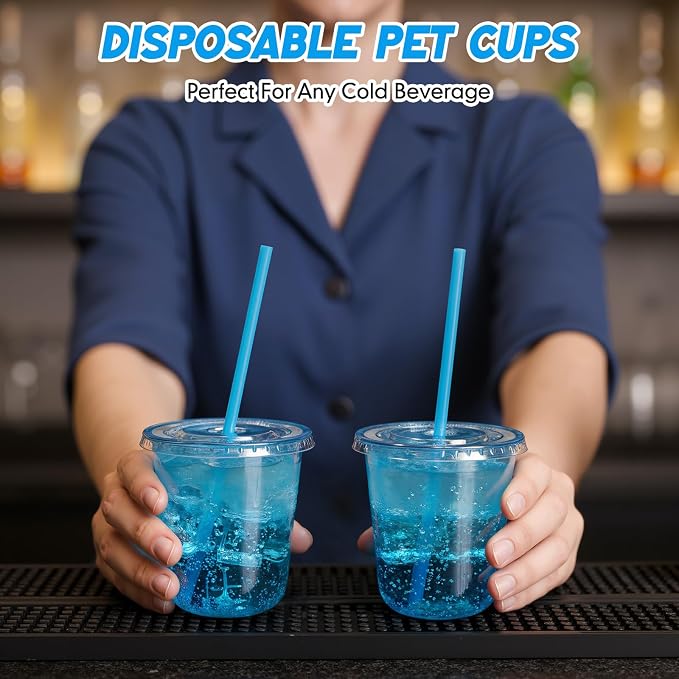 Ziliny 50 Sets Clear Round Bottom Plastic Cups with Lids and Straws, Cute Disposable Drinking Coffee Cups, for Christmas Valentine's Galentine's Day Party Wedding Birthday Supplies (12oz,Blue)