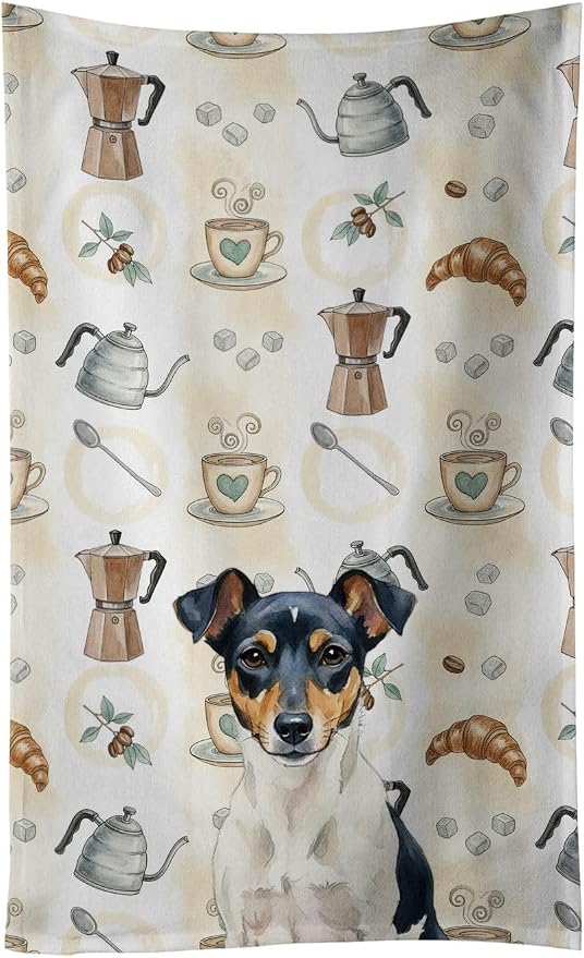 Caroline's Treasures Tricolor Rat Terrier Coffee Bar Kitchen Towel Velour Plush Front and Cotton Loop Back Machine Washable