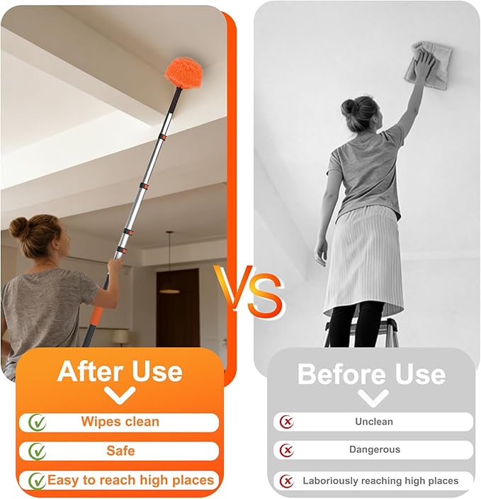 LAANPOLE 30FT Reach Dusters for Cleaning, Ceiling Fan Cleaner Duster with Extension Pole, Wall and Baseboard Cleaner Mop with Handle for Window Cobweb Fan Blade and High Ceiling