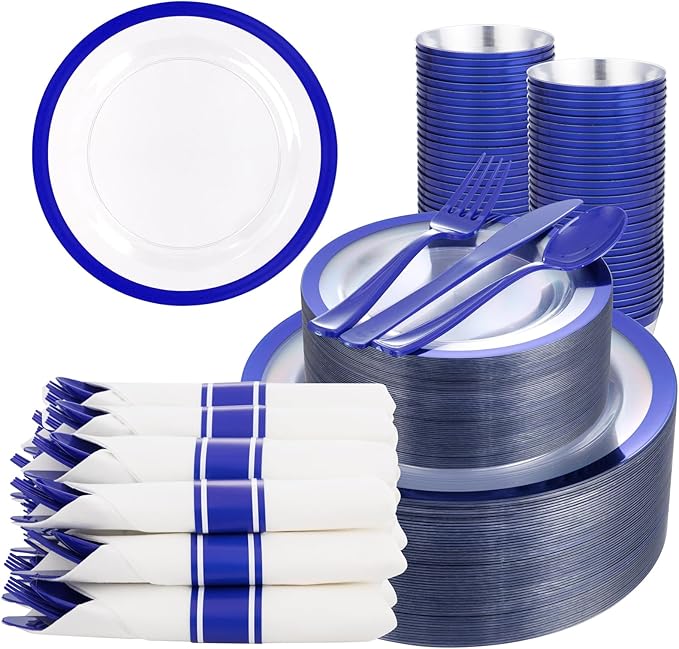 Liacere 350PCS Blue Plastic Plates - Clear with Blue Trim for 50Guests Dinnerware Include 100 Clear Plates disposable 150 Silverware 50Napkins for Wedding＆party&Graduation&Independence Day