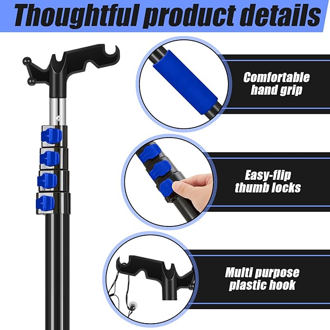 4.3-18ft Telescopic Extension Pole with Utility Hook, Multi-Purpose Aluminum Pole for Painting, Dusting and New Year Window Cleaning Christmas Lights Installation Without a Ladder(Blue)