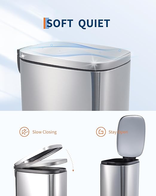 GarveeHome 13 Gal Slim Trash Can, Step Garbage Can with Soft-Close Lid, Stainless Steel Recycling Bin Waste Container with Removable Inner Bucket for Kitchen, Bathroom, Office, Silver
