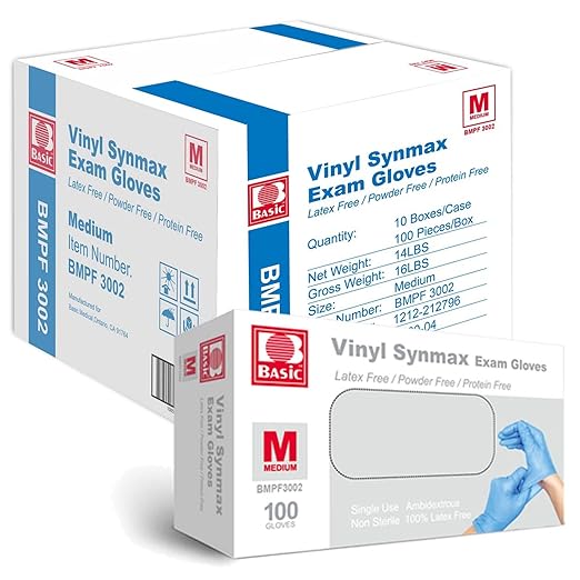 Basic Medical Synmax Vinyl Exam Gloves - Latex-Free & Powder-Free - Medium, BMPF-3002(Case of 1,000) Blue