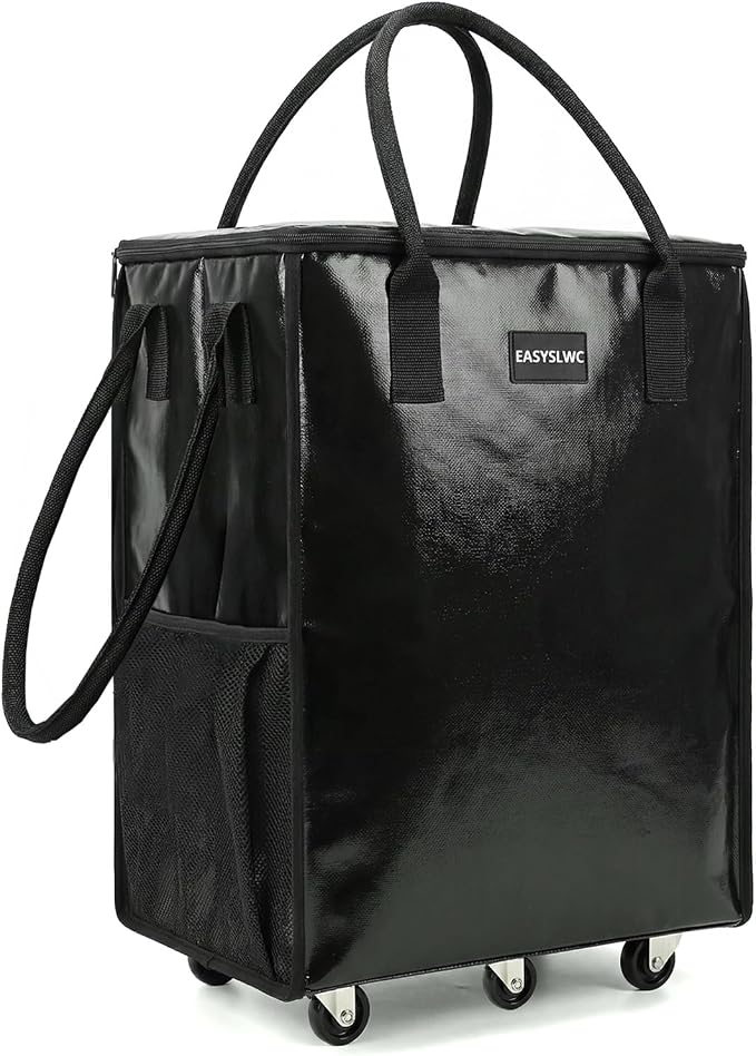 Reusable Grocery Bag on Wheels, Portable Tote Bag Shopping Bag with Wheels, Rolling Tote Bag Collapsible with Wheels for Groceries, Organization or Moving, Heavy Duty Utility Tote Bag