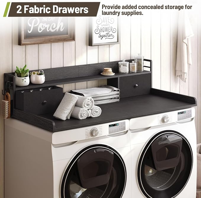 2-Tier Washer Dryer Countertop with 2 Drawers & Shelf, 2 Hooks, 27.7" D x 54" W Laundry Topper, Wooden Washer and Dryer Shelf for Folding Clothes and Storage, Easy to Install, Black