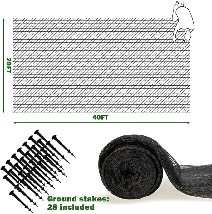 20x40ft Pond Netting for Leaves Leaf Net Cover Pond Net with Small Fine Mesh Protecting Koi Fish from Birds Cats Stakes Included