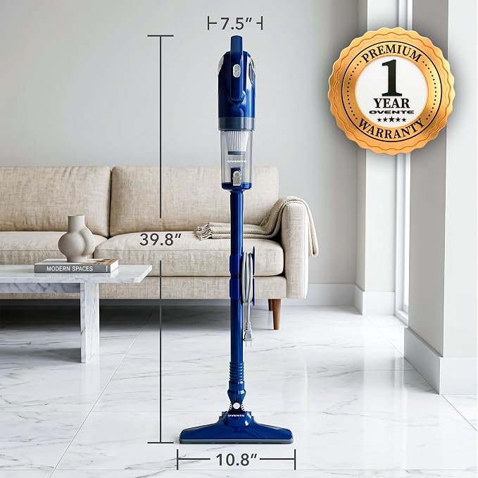 OVENTE Corded Stick Vacuum Cleaner, 2-in-1 Lightweight Bagless Vacuum Cleaner with 450W Motor, 14Kpa Powerful Suction and Washable Filter for Home, Car, Pet Hair, Carpet and Hard Floor, Blue STV345BLS