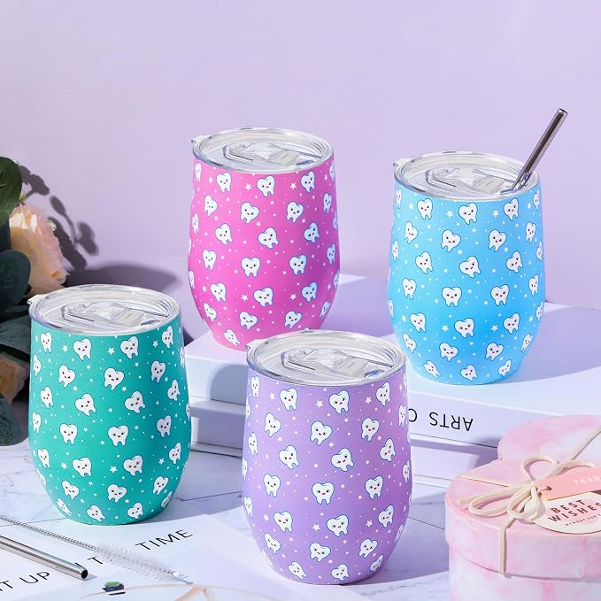 Umigy 4 Pcs Dental Assistant Gifts, Teeth Dentist Wine Tumbler, 12 oz Stainless Steel Coffee Travel Mug, Vacuum Insulated Tumbler Cup with Straw Lid and Brush Dental Hygienist CNA Week Birthday Gifts