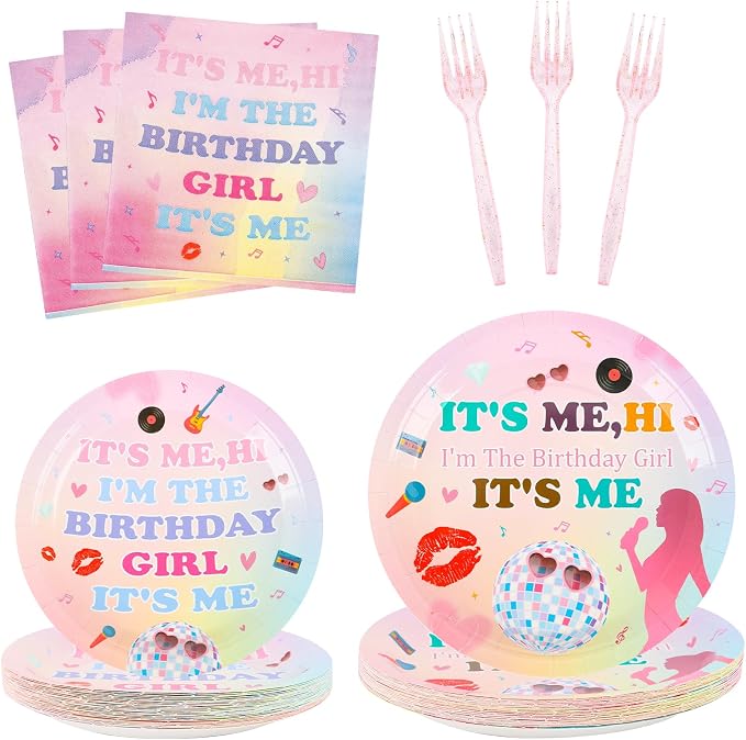 200PCS Its Me Hi Im The Birthday Girl Its Me Party Supplies Serve 50,Birthday Paper Plates,Napkins,And Forks Kit for Music Party Decoration.