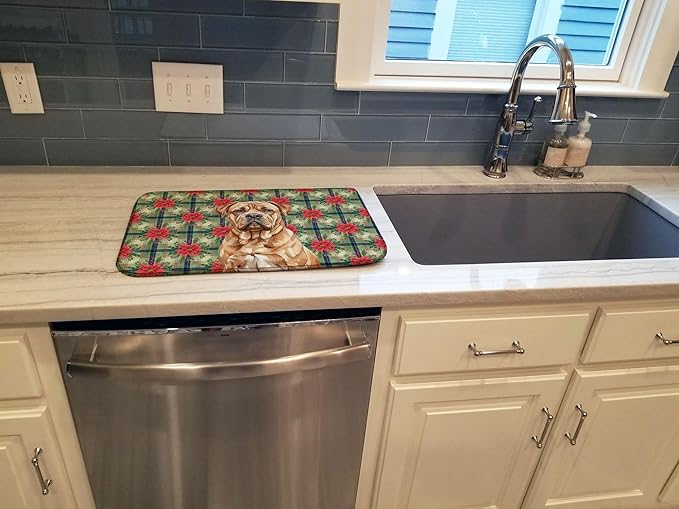 Caroline's Treasures Dogue de Bordeaux Christmas PoinsettIas Dish Drying Mat Absorbent Dish Drying Mat Pad for Kitchen Counter Dish Drainer Mat for Countertop, 14 x 21", Multicolor