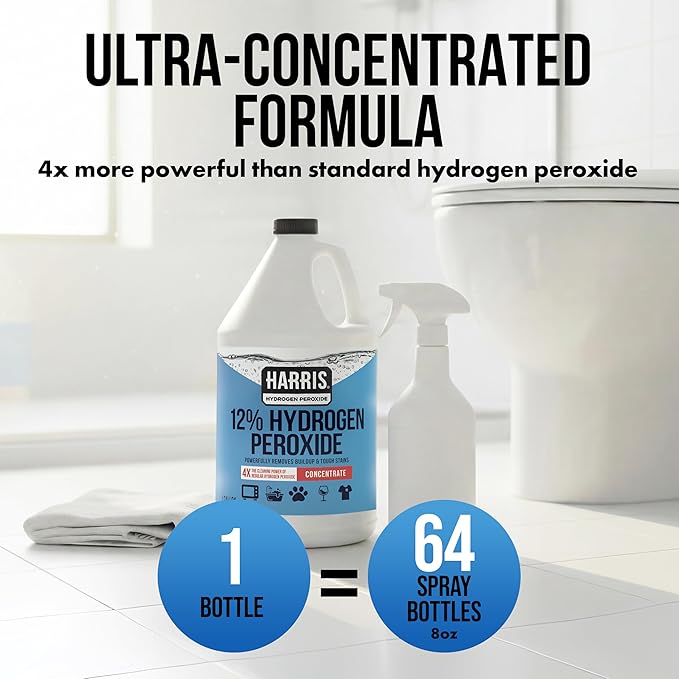 HARRIS 12% Concentrated Hydrogen Peroxide, 128oz, for Kitchen, Bath, Laundry, Home and Garden with Easy Fill Funnel