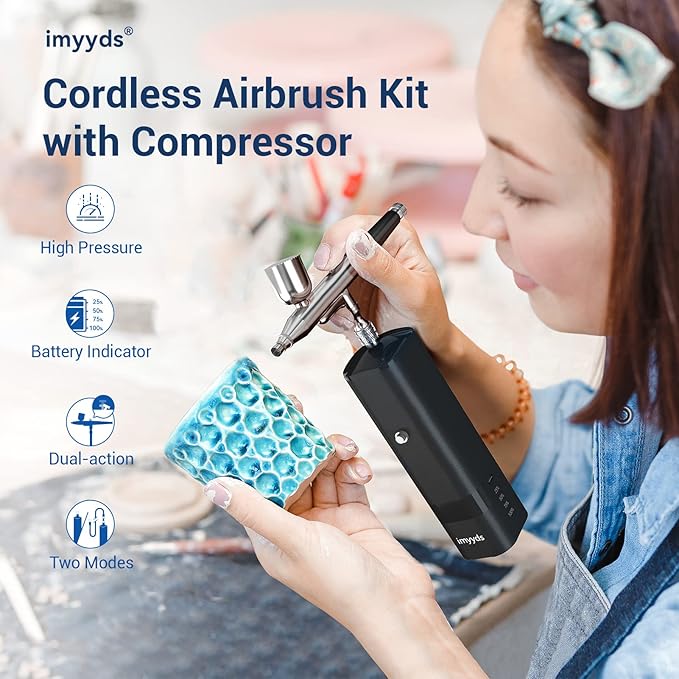 imyyds Airbrush Kit with Compressor, 32 PSI High Pressure Cordless Airbrush Gun, Portable Dual Action Airbrush Compressor Set, Handheld Mini Rechargeable Air Brushes for Painting, Model, Nail, Makeup
