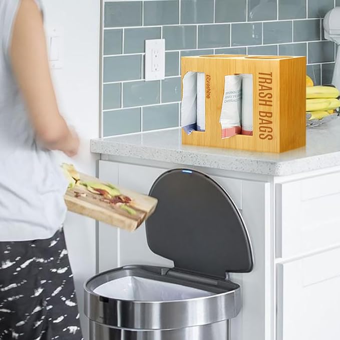 Libreshine Dual Roll Bamboo Trash Bag Dispenser & Grocery Bag Holder, 2-Compartment Organizer for 13–33 Gallon Rolls (Fits Up to 5.2”Dia), Wall Mount or Under Sink, Stackable Storage