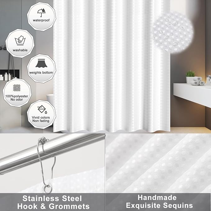 White Bathroom Sets Accessories with Waffle Shower Curtain,Bathroom Sets with Trash Can,Toothbrush Holder,Toothbrush Cup,Soap Dispense,Tray,Soap Dish,Toilet Brush,Qtip Holder