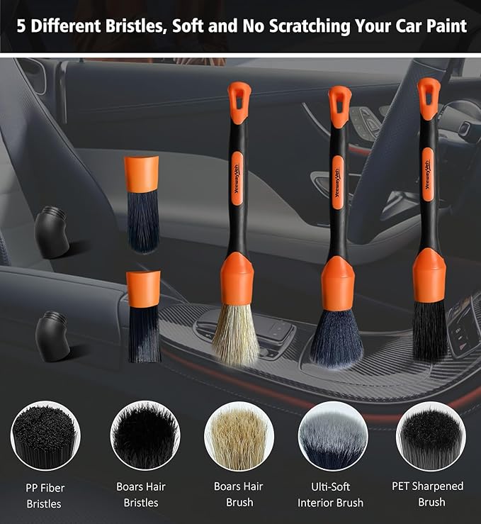 YeewayVeh Car Detailing Brush Set, 5Pcs Car Detailing Brushes with 2 Elbow, 2pcs Boars Hair, 1pc Ultra Soft Detail Brush for Dashboard Air vent Leather Seat, 2pcs Detailing Brush for Interior Exterior