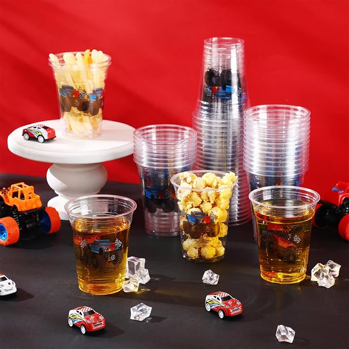 Pickmesh 50 Pcs Monster Truck Birthday Party Plastic Cup 12 Oz Monster Thick Clear Cup Truck Cups Birthday Table Decorations Party Favor