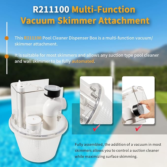Replace for R211100 Vac-Mate Pool Cleaner Dispenser Box/Multi-Function Vacuum Skimmer Attachment Replacement, Includes Strainer Basket, Pressure Gauge