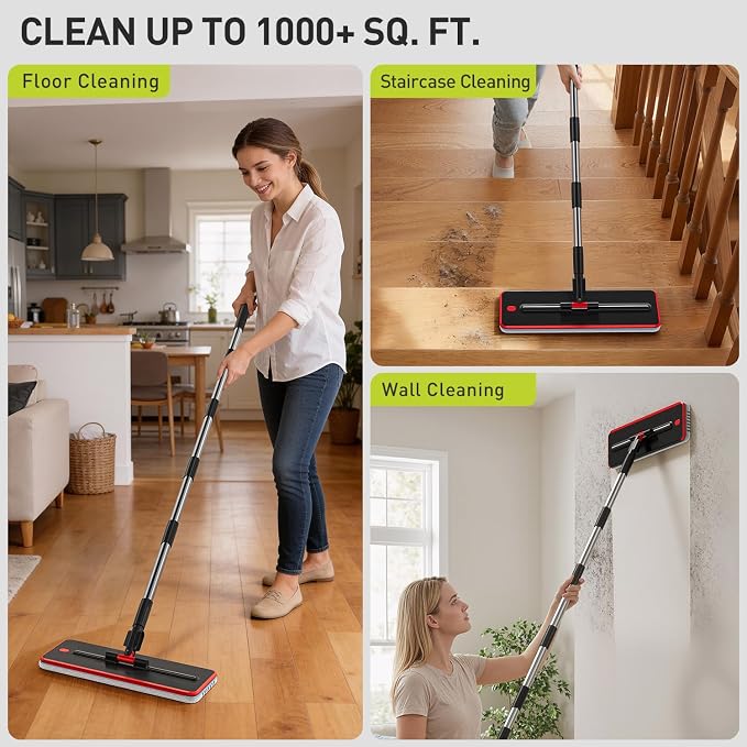 HoMettler 3-Tank Transparent Mop and Bucket Set with Separate Dirty & Clean Water, 65" Flat Mop for Floor Cleaning, 4 Machine Washable Microfiber Pads for Wood Tile - Black
