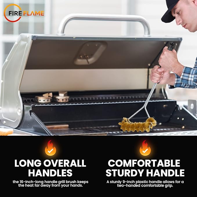 Fireflame BBQ Grill Brush – Non-Scratch Brass Bristles - 16-Inch Long Handle Barbecue Grill Cleaning Brush - Wide-Faced Spiral Heavy-Duty – Made in The USA