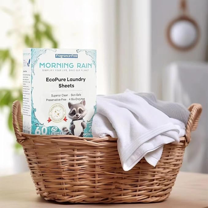 MorningRain Eco Laundry Detergent Sheets - Ingredients from Finland, Unscented, Bio-Enzyme Formula, Power Clean, 90 Sheets (Up to 180 Loads) - Non-Toxic, Preservative-Free, Skin Safe, Designed in USA