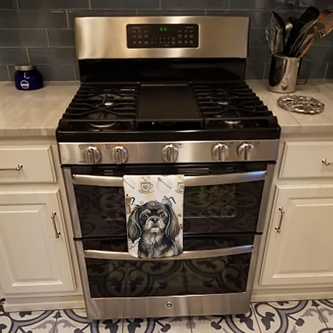 Caroline's Treasures Black and Tan Tibetan Spaniel Coffee Bar Kitchen Towel Velour Plush Front and Cotton Loop Back Machine Washable