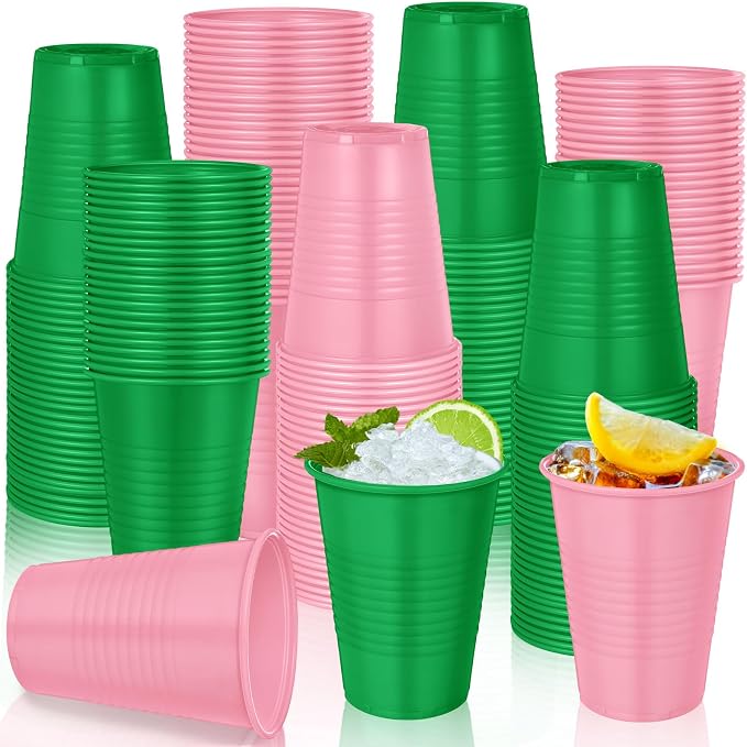 Funnymoom 200 Pcs Pink and Green Disposable Plastic Cups 12 oz Sorority Party Beverage Cups for Witch and Princess Themed Watermelon Flamingo Party Supplies