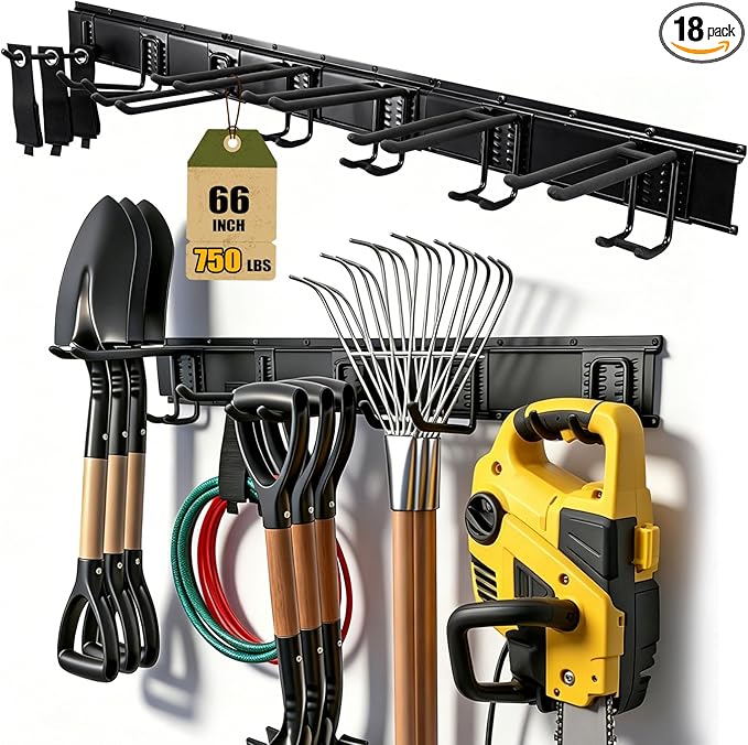 66'' Garage Tool Organizer Wall Mount 18Pack 750lbs Heavy Duty | Include 14 Adjust Hooks Garden Tool Organizer, Garage Wall Organizer for Garden Yard Tool Shovel Rake Broom Ladder Weed Eater