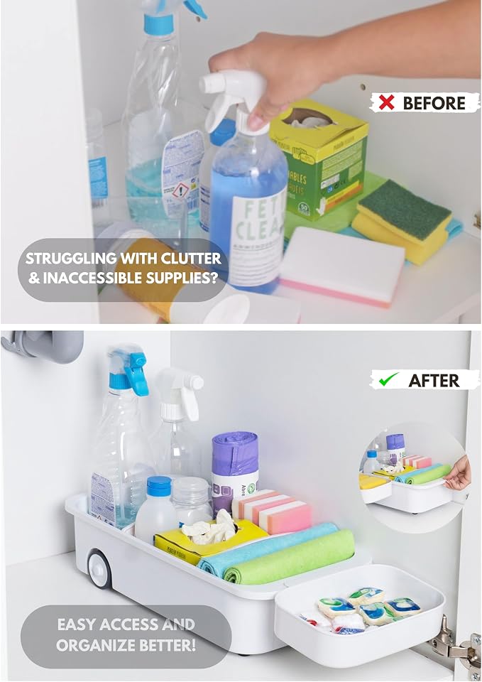 GAROOD Kitchen Under Sink Organizer Cleaning Supply Caddy Storage Bin Under Sink Caddy Rolling Cleaning Organizer with wheels Pull out tray Bathroom Kitchen Organizers Storage 16.5*8*3.75 in - 1 pack