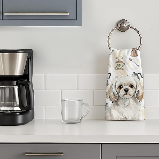 Caroline's Treasures White Tibetan Spaniel Coffee Bar Kitchen Towel Velour Plush Front and Cotton Loop Back Machine Washable