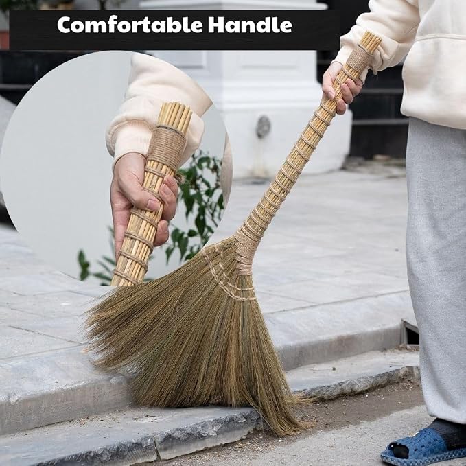 Outdoor Broom for Floor Cleaning, 43.3'' Length Heavy-Duty Natural Grass Broom for Sweeping Concrete Courtyard Garage Patio Indoor Home Kitchen Office Lobby