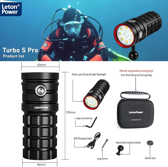 Diving Flashlight,LetonPower TS Pro 25000Lumens Underwater 100m Video Light, Scuba Dive Light, with Type-C Charging for Professional Outdoor Under Water Sports
