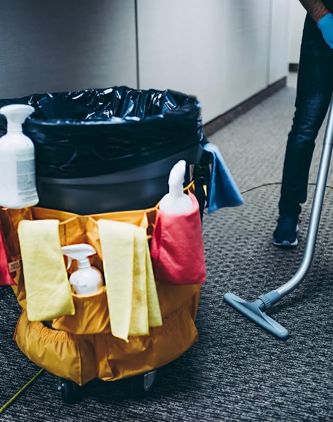 QWORK Trash Can Caddy Bag, 2 Pack 10 Pockets Commercial Cleaning Caddy Bag, Fit 32-50 Gallon Can, Round Trash Bag Holder, Garbage Bin Caddy Organizer, Yellow