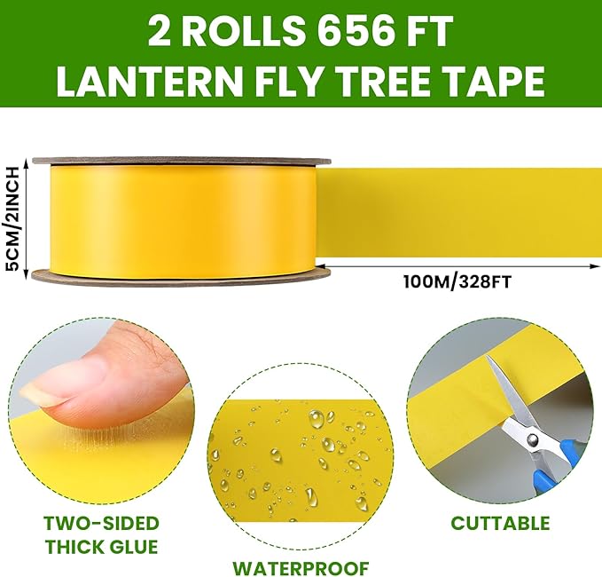 2 Rolls Double-Sided Yellow Sticky Tree Tape 2 Inch Wide x 330 Ft Spotted Lantern Fly Trap for Outdoor Indoor Trees Fruit Plants Gardens Pest Control for Aphids Ants Moths