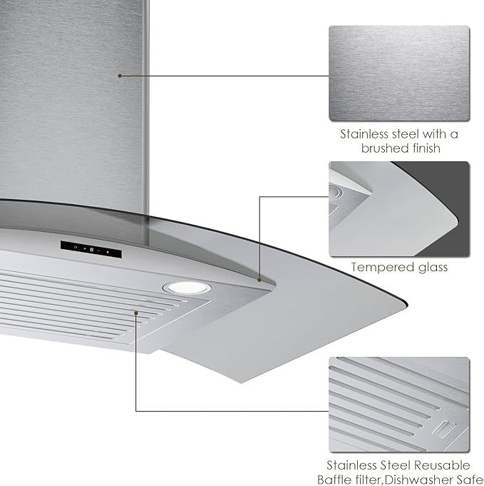 30 Inch Wall Mounted Curved Glass Range Hood with 450 CFM Stainless Steel kitchen Ductless/Ducted Convertible with 3 Speeds Extract Fan & Touch Control