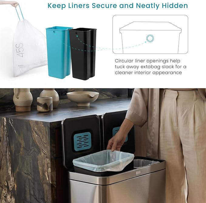 Home Zone Living 16 Gallon Kitchen Trash Can with Dual Compartments | Stainless Steel with CleanAura Odor Control, Soft-Close Step Pedal Lids for Recycling, Silver