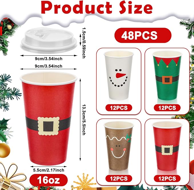 Dandat 16 oz 48 Pcs Christmas Coffee Paper Cups with Lids Disposable Christmas Paper Cups for Hot Cocoa Tea Beverage Holiday Xmas Party Supplies