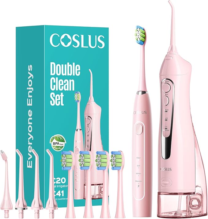 COSLUS C20 & C41 Portable Water Flosser with Electric Toothbrush Combo: 2-in-1 Oral Clean Kit for Teeth, Braces, Gums Care - Brushing & Flossing for Adults, Family, Travel Use, BPA-Free, Pink