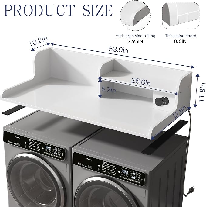 DTK Washer Dryer Countertop with Charging Station, 2 Tier Laundry Countertop with Anti-Slip Strips, 27.55" Depth x 54" Width, Wood Dryer Cover with Shelf,White (White)