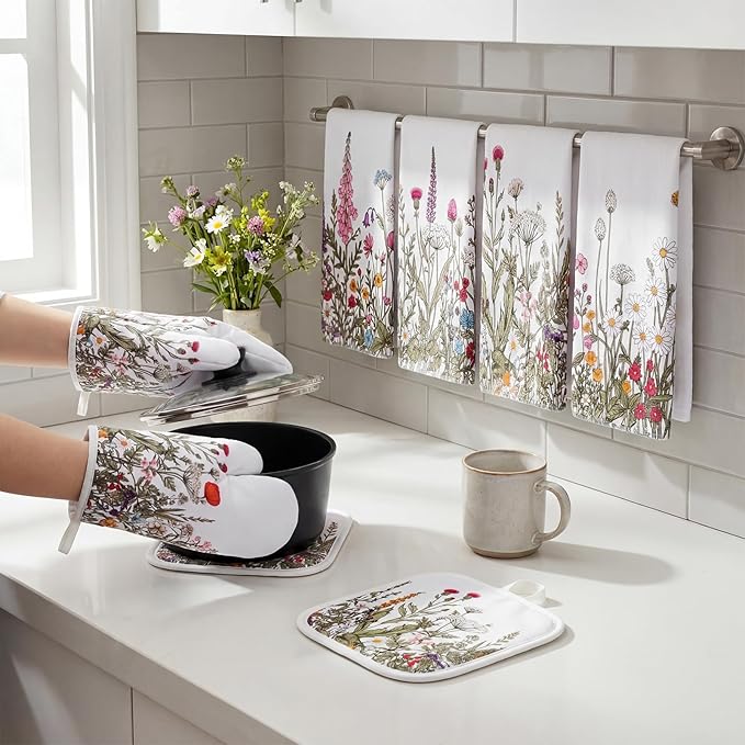 Fanfanwin 10 Pcs Wildflower Kitchen Decor Set Floral Kitchen Towels and Rugs Pot Holders Oven Mitts Spring Dishcloths Fast Drying Decorative Set for Baking Cooking Gift