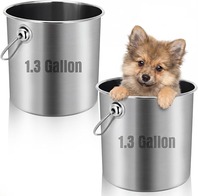 Hsei 2 Pcs Stainless Steel Bucket for Pet Cleaning, 1.3 Gallon Metal Bucket Water Pail with Handle for Fence Kennel Cage Garage Garden Workshop