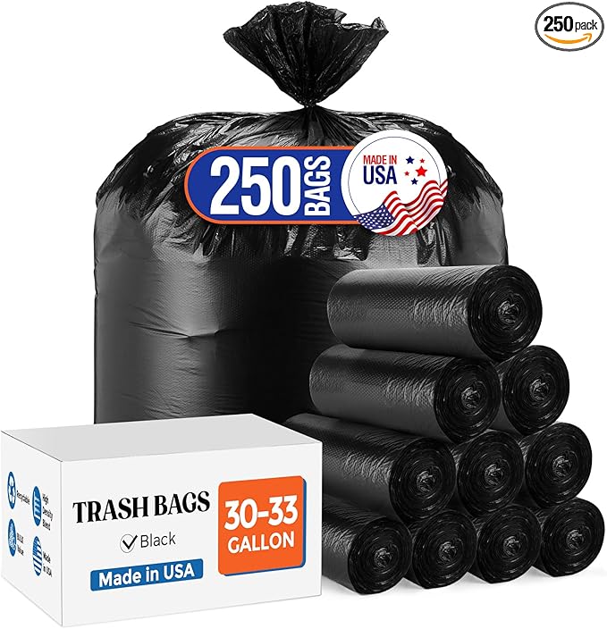 Delxo 30-33 Gallon Trash Bags, 250 Count – Medium Duty Garbage Bags, Thick, Durable & Puncture-Resistant Plastic Bolsas para basura, Perforated Design– Made in USA for Kitchen, Yard, Office (Black)