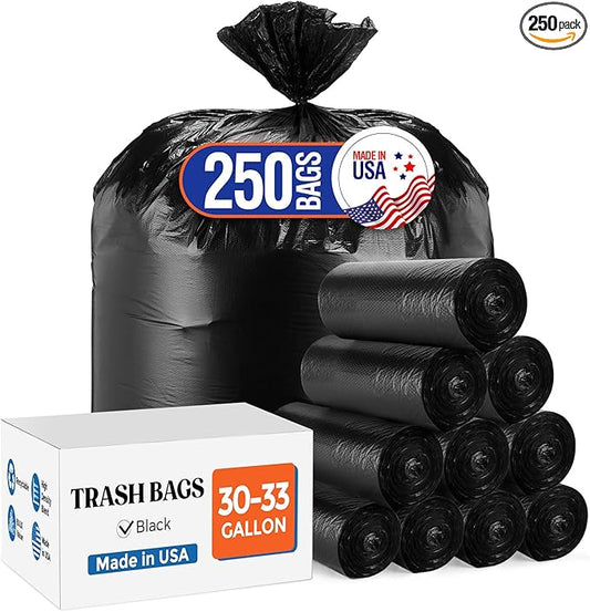 Delxo 30-33 Gallon Trash Bags, 250 Count – Medium Duty Garbage Bags, Thick, Durable & Puncture-Resistant Plastic Bolsas para basura, Perforated Design– Made in USA for Kitchen, Yard, Office (Black)