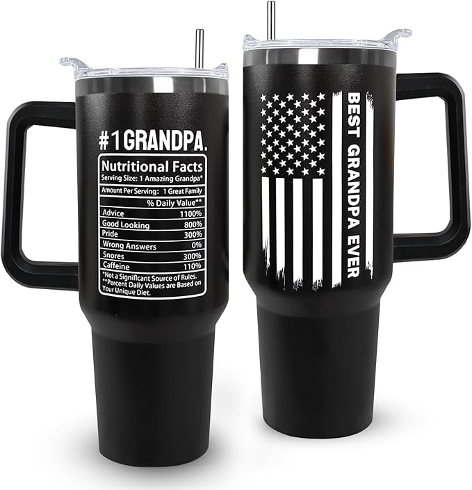 Ceovfoi 40 oz Grandpa Tumbler with Handle Lid and Straw,Black Grandpa Stainless Steel Cups Mug water Botter,Fathers Day Gift For Grandpa From Grandson,Granddaughter