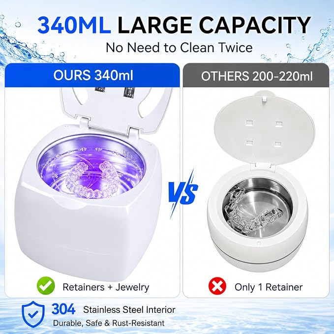 Ultrasonic Retainer Cleaner Machine, 340ml 48kHz Ultrasonic Cleaner for Retainers, Dentures, Mouth Guard & Jewelry, 4 Cleaning Modes,Large Capacity Tank,Portable Quiet Design with UV Light,White
